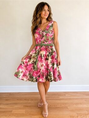 Robbie Bee Floral Fit & Flare Dress Pink Green Watercolor Sleeveless